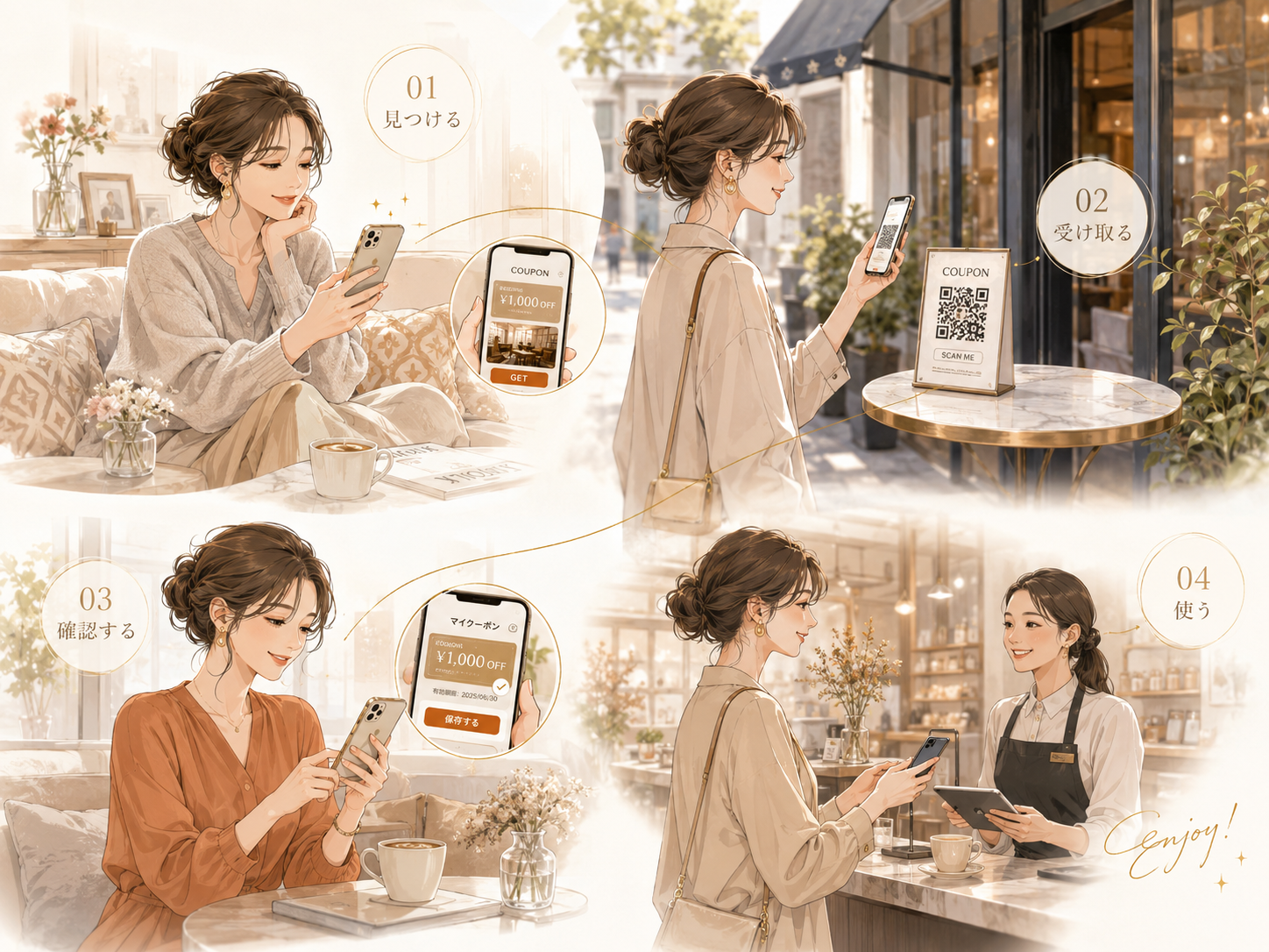 バウチャ！の利用シーンを描いた女性誌風イラスト